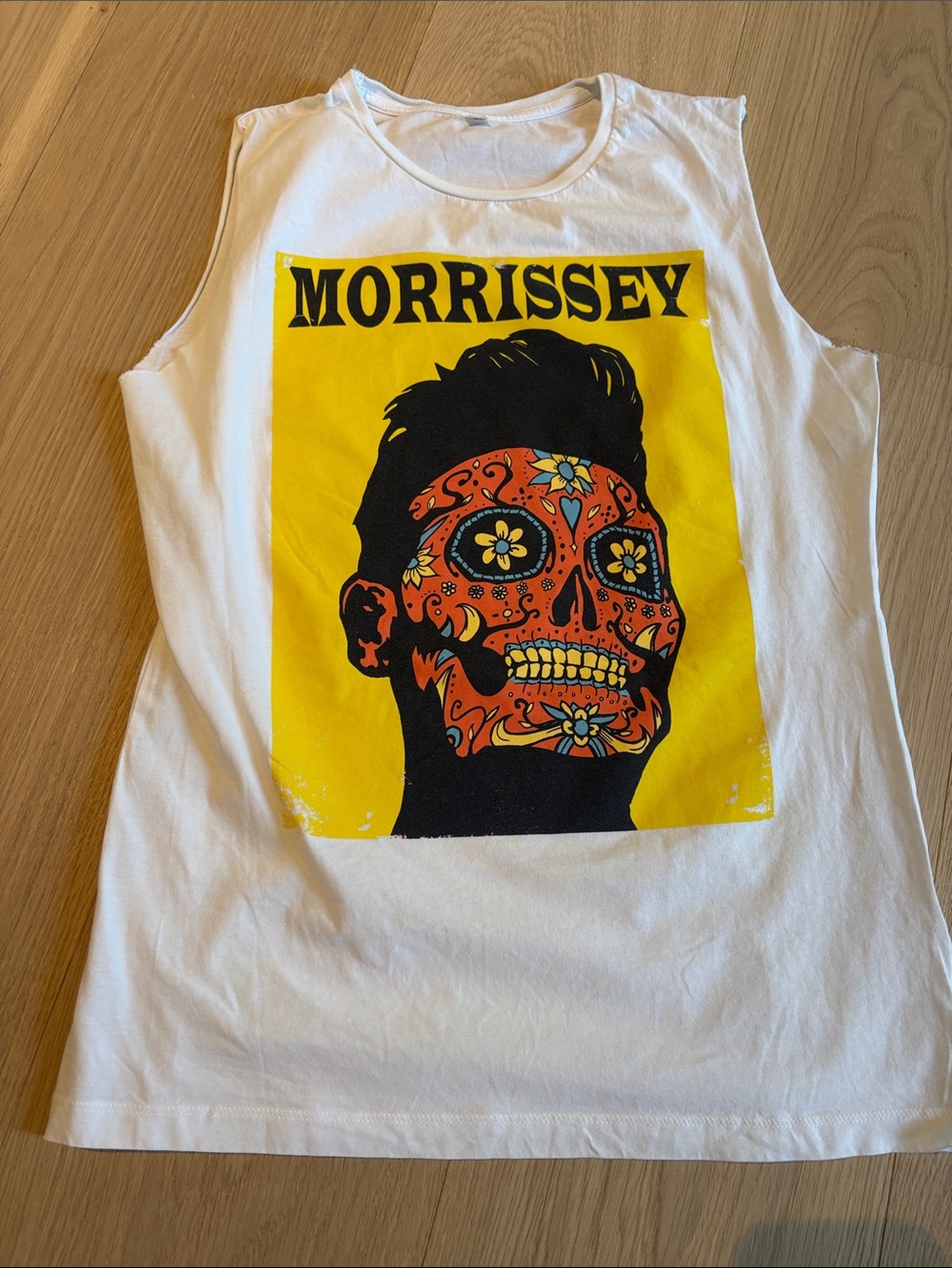 Morrissey concert Tank Top with Yellow Background and Orange Skull Graphic